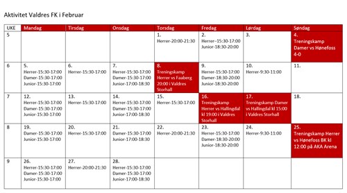 Aktivitet Februar Valdres FK